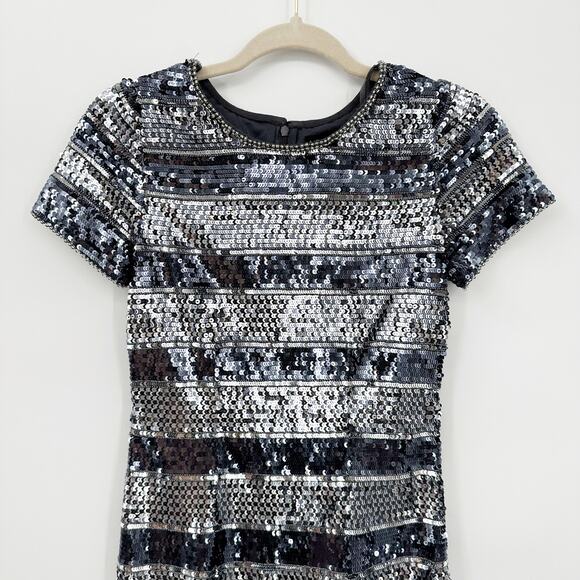 Aidan Mattox Striped Sequin Glitter Mini Cocktail Dress Blue Silver 2 - Picture 5 of 11